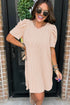 Corded Knit Crew Neck Puff Sleeve Shift Mini Dress